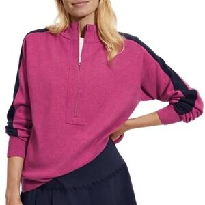 Varley NWOT Thurlow Merino Knit Pink Navy Stripe Half Zip Pullover Sweater XL